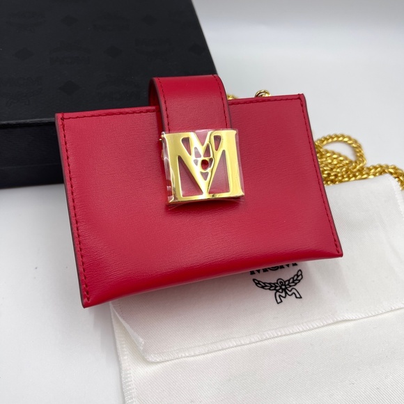 NEW MCM Mena cardholder leather wallet with chain bag in red full set - Picture 5 of 15
